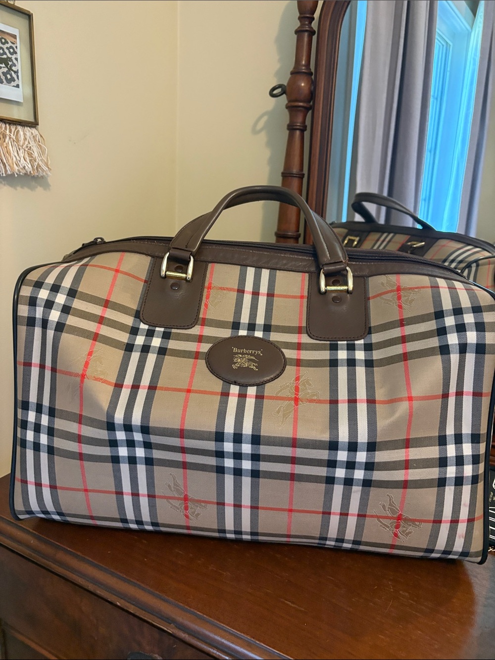 Burberry Tan Plaid Travel Bag with Brown Leather Trim